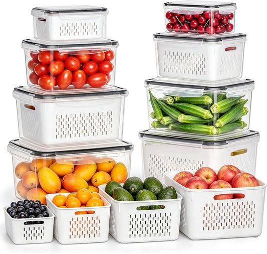 HOMETALL 8 Pack Fruit Storage Containers for Fridge with Strainer, BPA Free Fruit Cleaning Bowl Fridge Organizer, Plastic Fresh Keeper Set Refrigerator Organizer for Salad Berry Produce