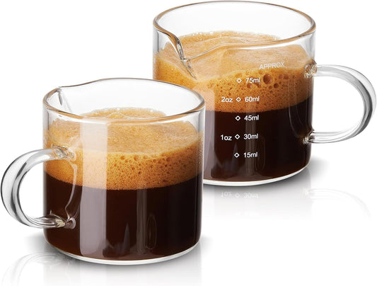 Mfacoy 2 Pack Measuring Cups, 75ML Espresso Cups with Handle, Espresso Shot Glasses with V-Shaped Mouth, Clear Accessories, Milk Frothing Pitcher