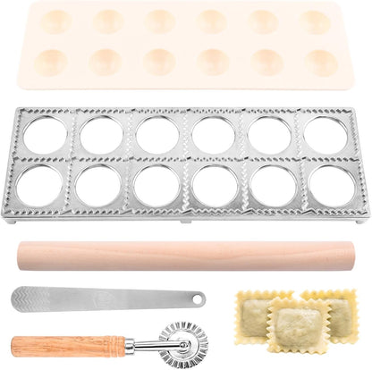 Ravioli Press Mold Set, 12 Holes Ravioli Maker Press,1 x Pasta Cutter Stamp Maker, 1xWood Rolling Pin Pasta Making Tools,1x Filling Spoon,for Ravioli, Dumpling,Hand Pie
