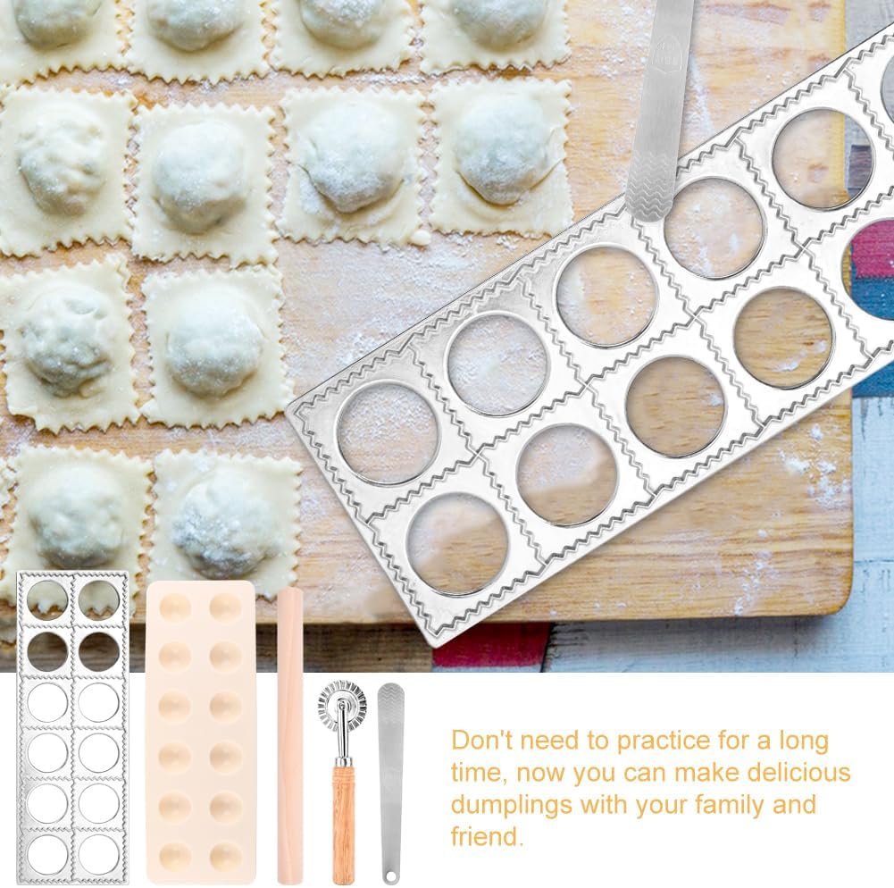 Ravioli Press Mold Set, 12 Holes Ravioli Maker Press,1 x Pasta Cutter Stamp Maker, 1xWood Rolling Pin Pasta Making Tools,1x Filling Spoon,for Ravioli, Dumpling,Hand Pie