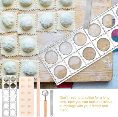 Ravioli Press Mold Set, 12 Holes Ravioli Maker Press,1 x Pasta Cutter Stamp Maker, 1xWood Rolling Pin Pasta Making Tools,1x Filling Spoon,for Ravioli, Dumpling,Hand Pie