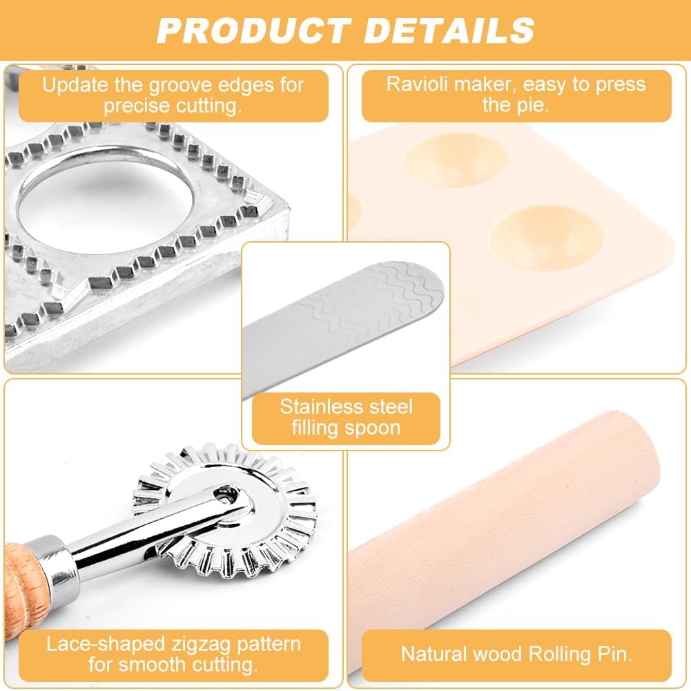 Ravioli Press Mold Set, 12 Holes Ravioli Maker Press,1 x Pasta Cutter Stamp Maker, 1xWood Rolling Pin Pasta Making Tools,1x Filling Spoon,for Ravioli, Dumpling,Hand Pie