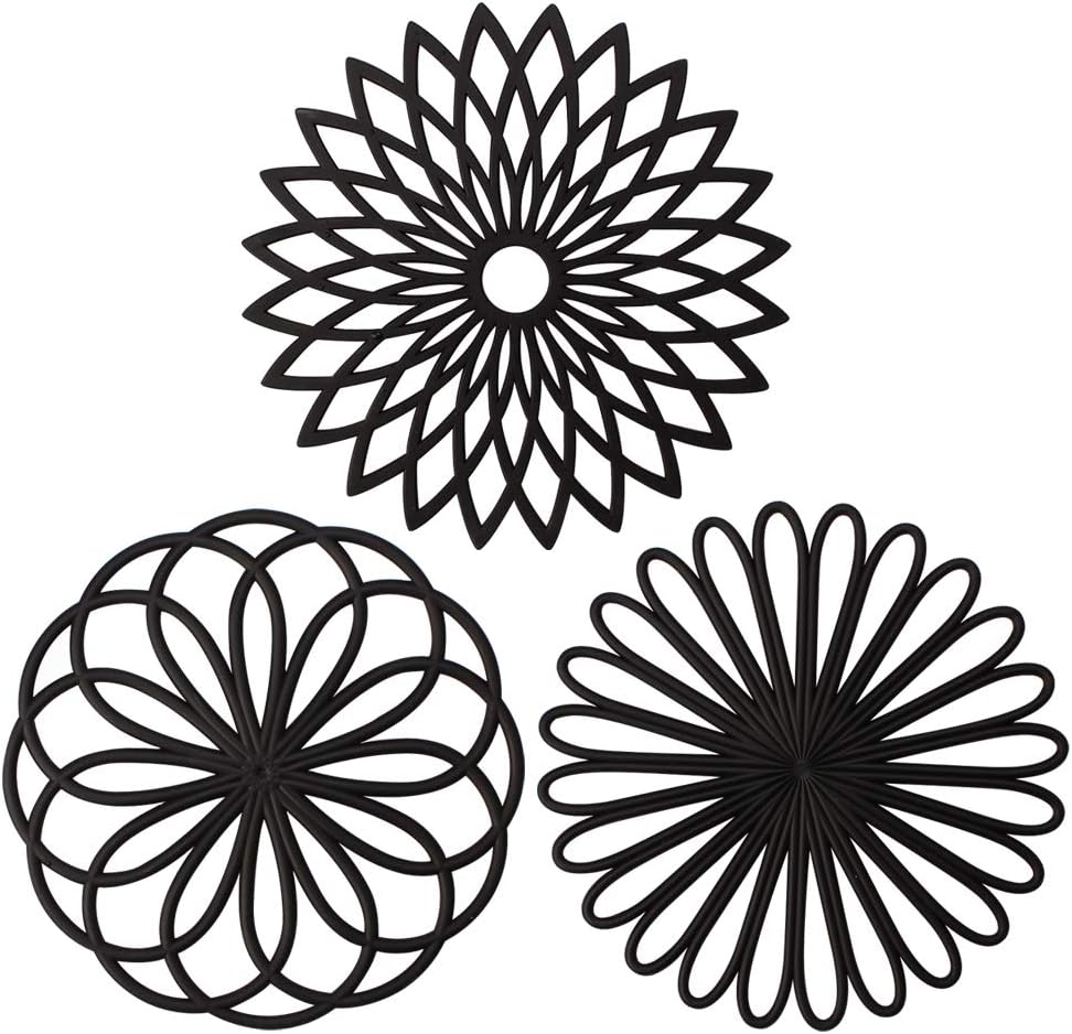 Silicone Trivet Mat - Kitchen Hot Pads for Pots & Dish - Insulated Teapot Trivet - Flexible, Durable, Non-Slip Large Coasters 3 Set Black