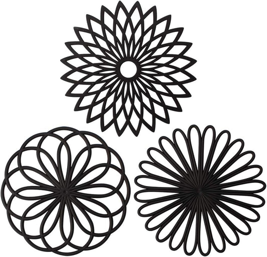 Silicone Trivet Mat - Kitchen Hot Pads for Pots & Dish - Insulated Teapot Trivet - Flexible, Durable, Non-Slip Large Coasters 3 Set Black