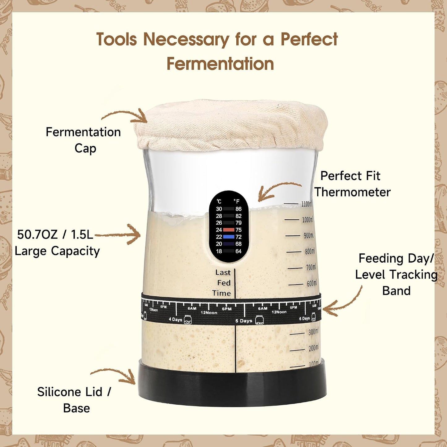 Sourdough Starter Kit, 50oz Jar, Banneton Bread Proofing Baskets | Complete Sourdough Tools, Digital Scale, 17 Recipes, Fermentation Tracking, Dough Whisk, Bread Lame, Silicone Transfer Slings