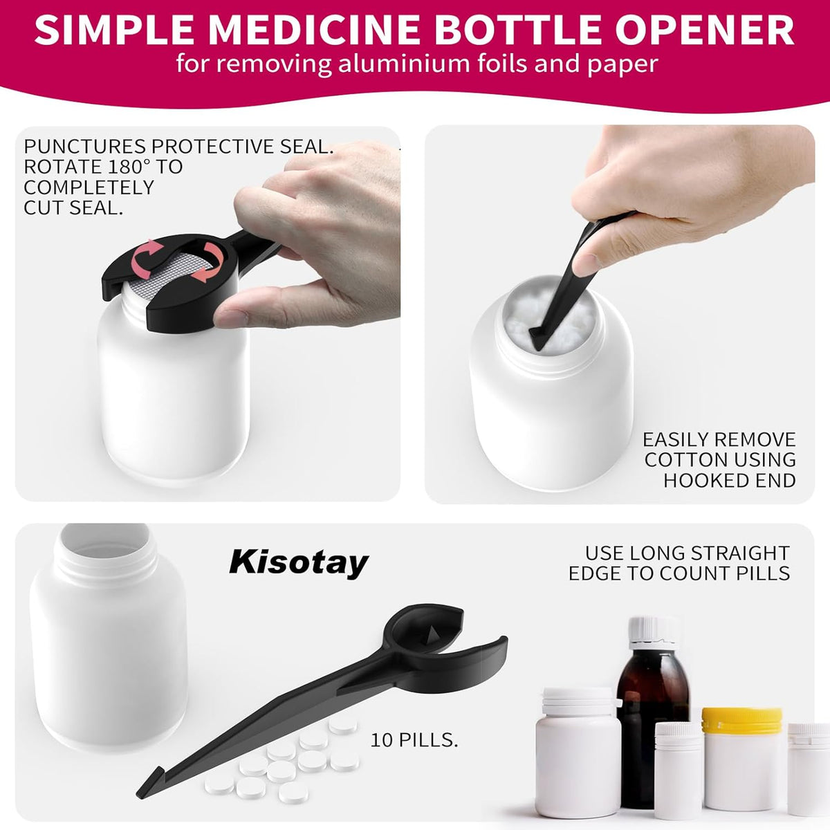 2 Pack Medicine Pill Bottle Opener, 3 In 1 Simple Pill Bottle Opener for Removing Paper Under Cap, Multifunctional Medication Tool,Gift for Seniors/Pharmacist/Technicians,Hospital,Home Use,Pharmacy