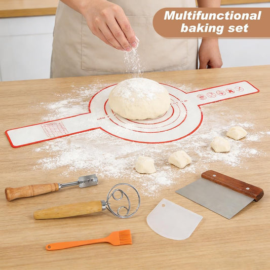 Dough Whisk with Sourdough Scoring Tool,Bread Making Tools and Baking Supplies,Sourdough Starter Kit,Bread Making Tools Kit – Includes Wooden Bench Scraper,Bread Lame,Pastry Brush