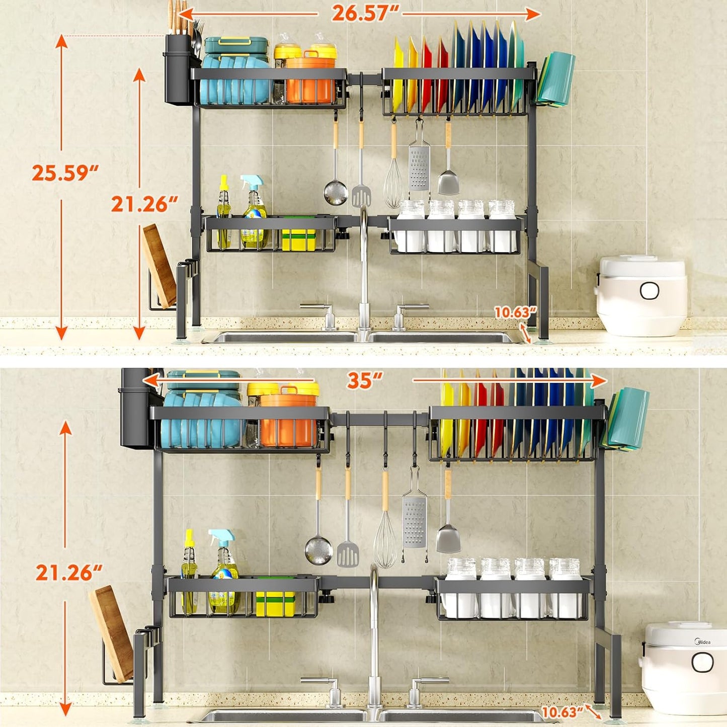 4 Baskets Over The Sink Dish Drying Rack, Extendable Large Capacity Sink Rack, Metal Drying Rack Saving Space,for Most Sinks (26.57"-35")