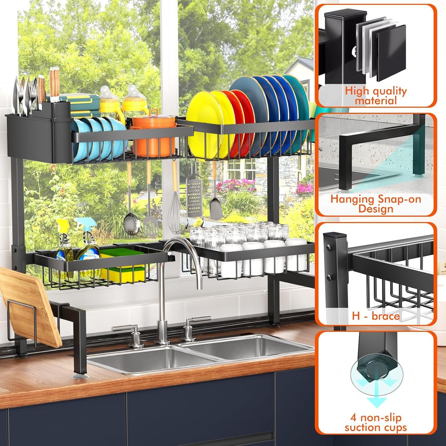 4 Baskets Over The Sink Dish Drying Rack, Extendable Large Capacity Sink Rack, Metal Drying Rack Saving Space,for Most Sinks (26.57"-35")