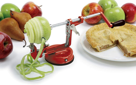 Apple Master-Apple, Potato, Parer, Slicer & Corer with Vacuum Base & Clamp,Red