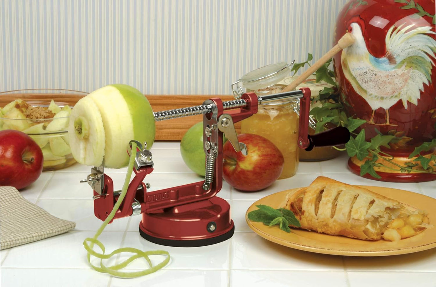 Apple Master-Apple, Potato, Parer, Slicer & Corer with Vacuum Base & Clamp,Red