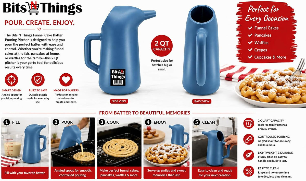 Funnel Cake Batter Pouring Pitcher 2 Qt | Batter Dispenser Pitcher | Funnel Cakes, Pancakes, Waffles & Crepes | Durable Plastic Pouring Container | Bits N Things