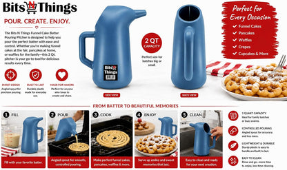 Funnel Cake Batter Pouring Pitcher 2 Qt | Batter Dispenser Pitcher | Funnel Cakes, Pancakes, Waffles & Crepes | Durable Plastic Pouring Container | Bits N Things