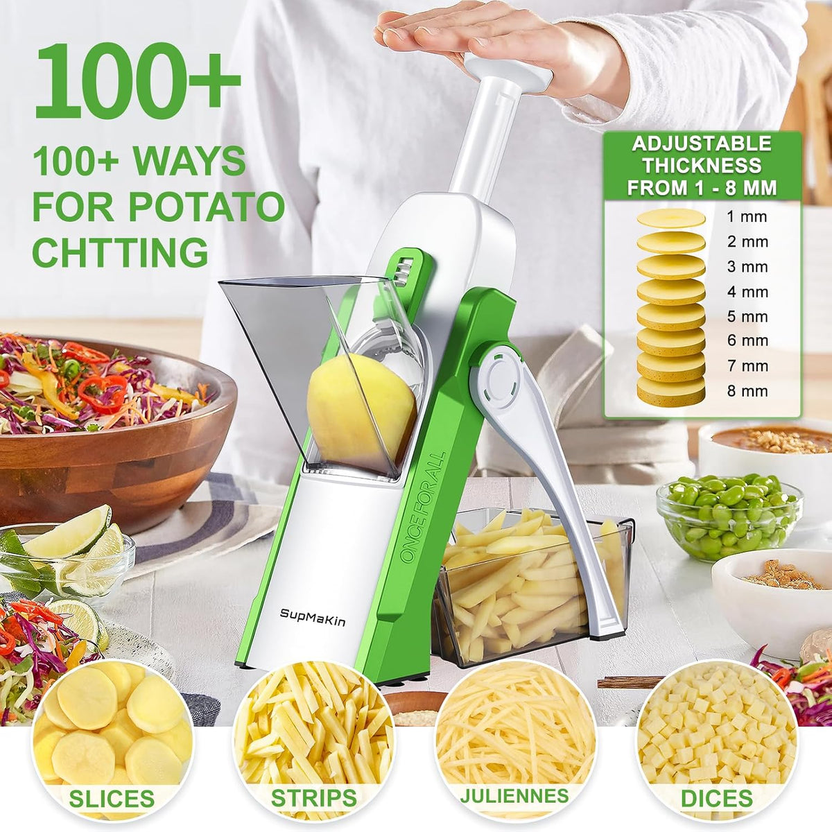 SupMaKin Safe Mandoline Slicer for Kitchen,Adjustable Potato Slicer 1-8 mm
