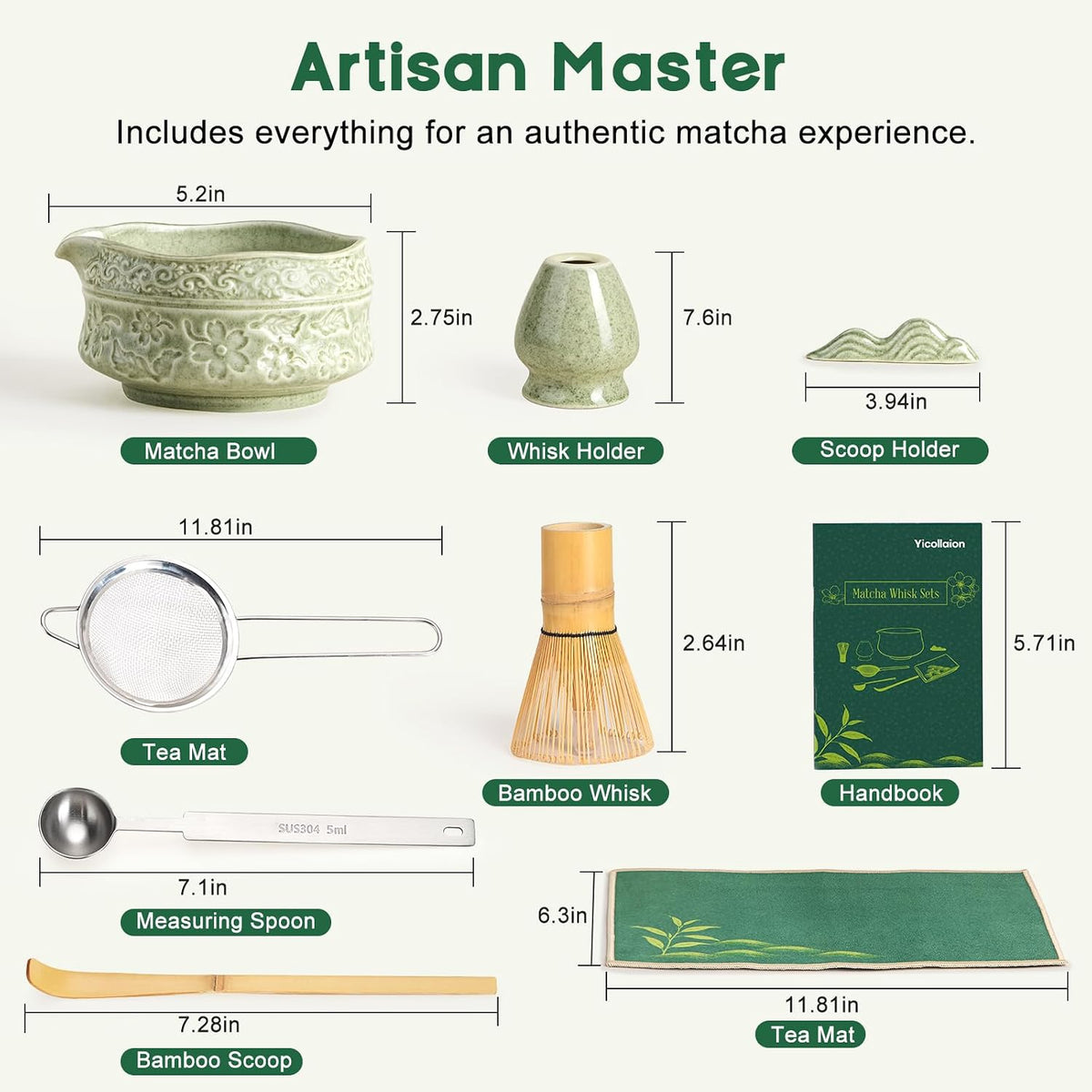 Matcha Whisk Set, 9 Pcs Matcha Set Kit for Ceremony Includes Ceramic Matcha Bowl, Holder, Bamboo Whisk & Scoop, Measuring Spoon, Scoop Rest, Sifter, Tea Towel, Handbook - Ideal Gift for Matcha Lovers