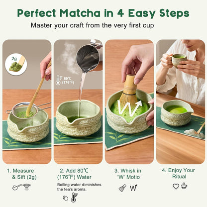 Matcha Whisk Set, 9 Pcs Matcha Set Kit for Ceremony Includes Ceramic Matcha Bowl, Holder, Bamboo Whisk & Scoop, Measuring Spoon, Scoop Rest, Sifter, Tea Towel, Handbook - Ideal Gift for Matcha Lovers