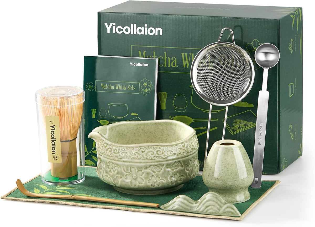 Matcha Whisk Set, 9 Pcs Matcha Set Kit for Ceremony Includes Ceramic Matcha Bowl, Holder, Bamboo Whisk & Scoop, Measuring Spoon, Scoop Rest, Sifter, Tea Towel, Handbook - Ideal Gift for Matcha Lovers