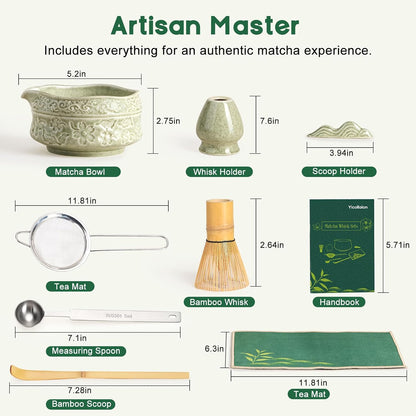 Matcha Whisk Set, 9 Pcs Matcha Set Kit for Ceremony Includes Ceramic Matcha Bowl, Holder, Bamboo Whisk & Scoop, Measuring Spoon, Scoop Rest, Sifter, Tea Towel, Handbook - Ideal Gift for Matcha Lovers