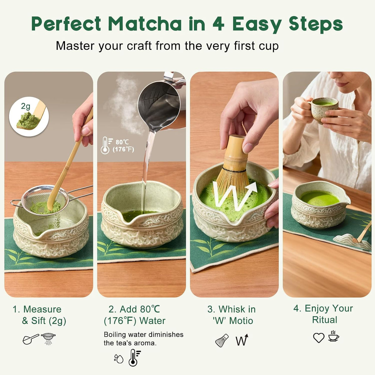 Matcha Whisk Set, 9 Pcs Matcha Set Kit for Ceremony Includes Ceramic Matcha Bowl, Holder, Bamboo Whisk & Scoop, Measuring Spoon, Scoop Rest, Sifter, Tea Towel, Handbook - Ideal Gift for Matcha Lovers