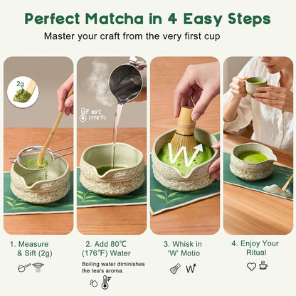 Matcha Whisk Set, 9 Pcs Matcha Set Kit for Ceremony Includes Ceramic Matcha Bowl, Holder, Bamboo Whisk & Scoop, Measuring Spoon, Scoop Rest, Sifter, Tea Towel, Handbook - Ideal Gift for Matcha Lovers