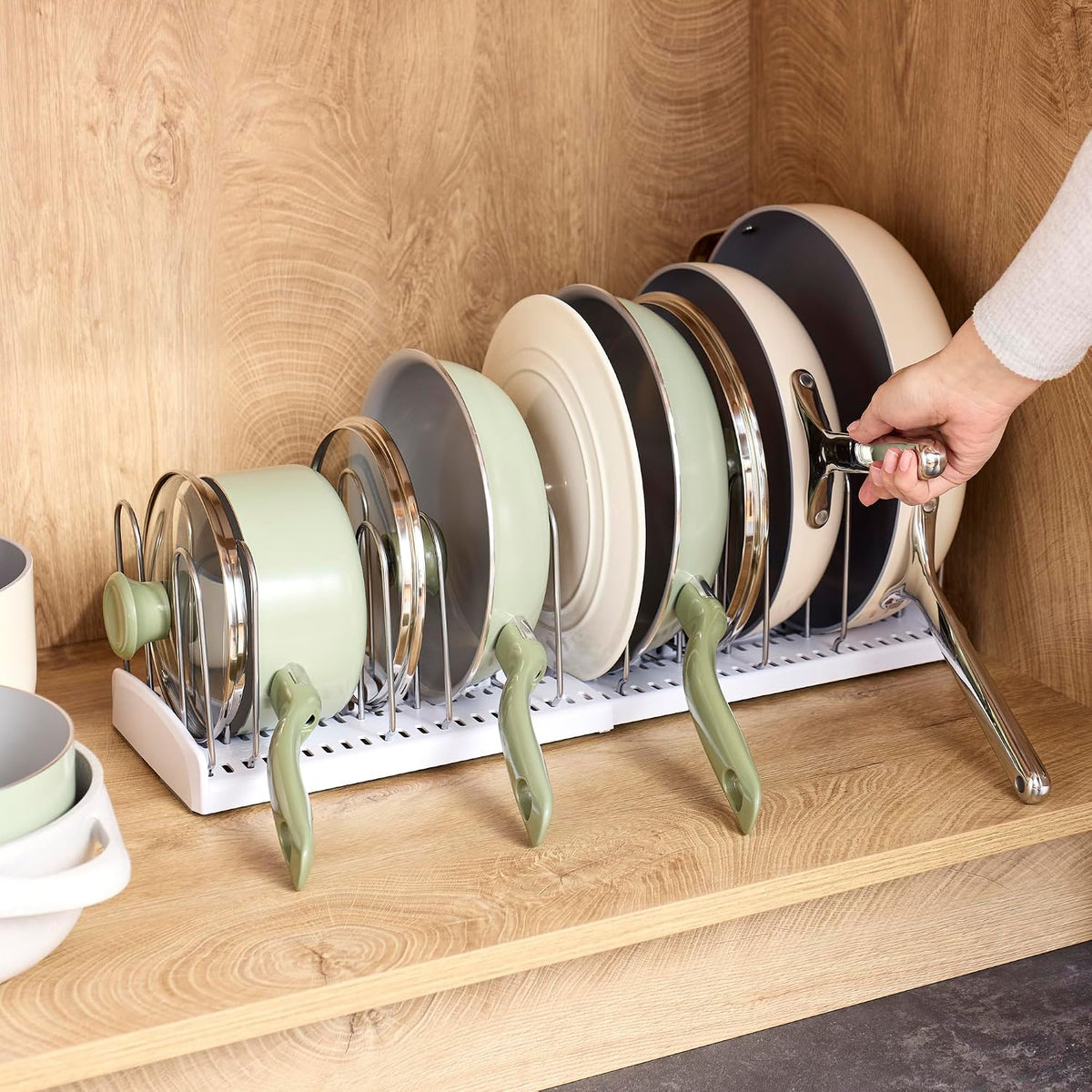 StoreMore Adjustable Pan and Lid Rack, Pot Lids and Pans Organizer for Kitchen Cabinet Storage, Classic Edition