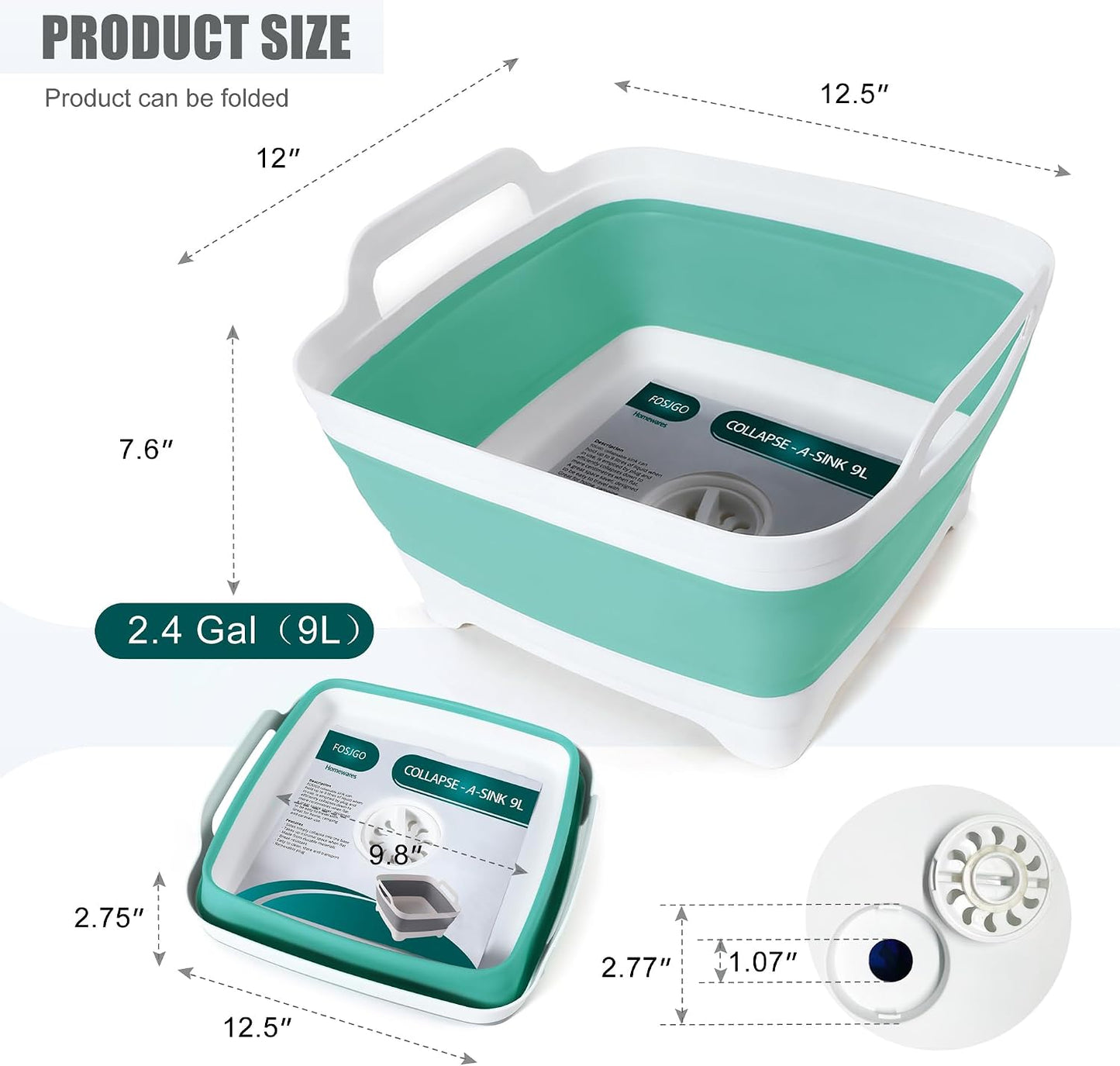 Collapsible Dish Basin with Drain Plug, Foldable Sink, 2.4 Gal (9L) | Space-Saving Wash Basin for Kitchen, Baby Bottles, Vegetable Washing, Camping, RV and Party Beverage Tubs