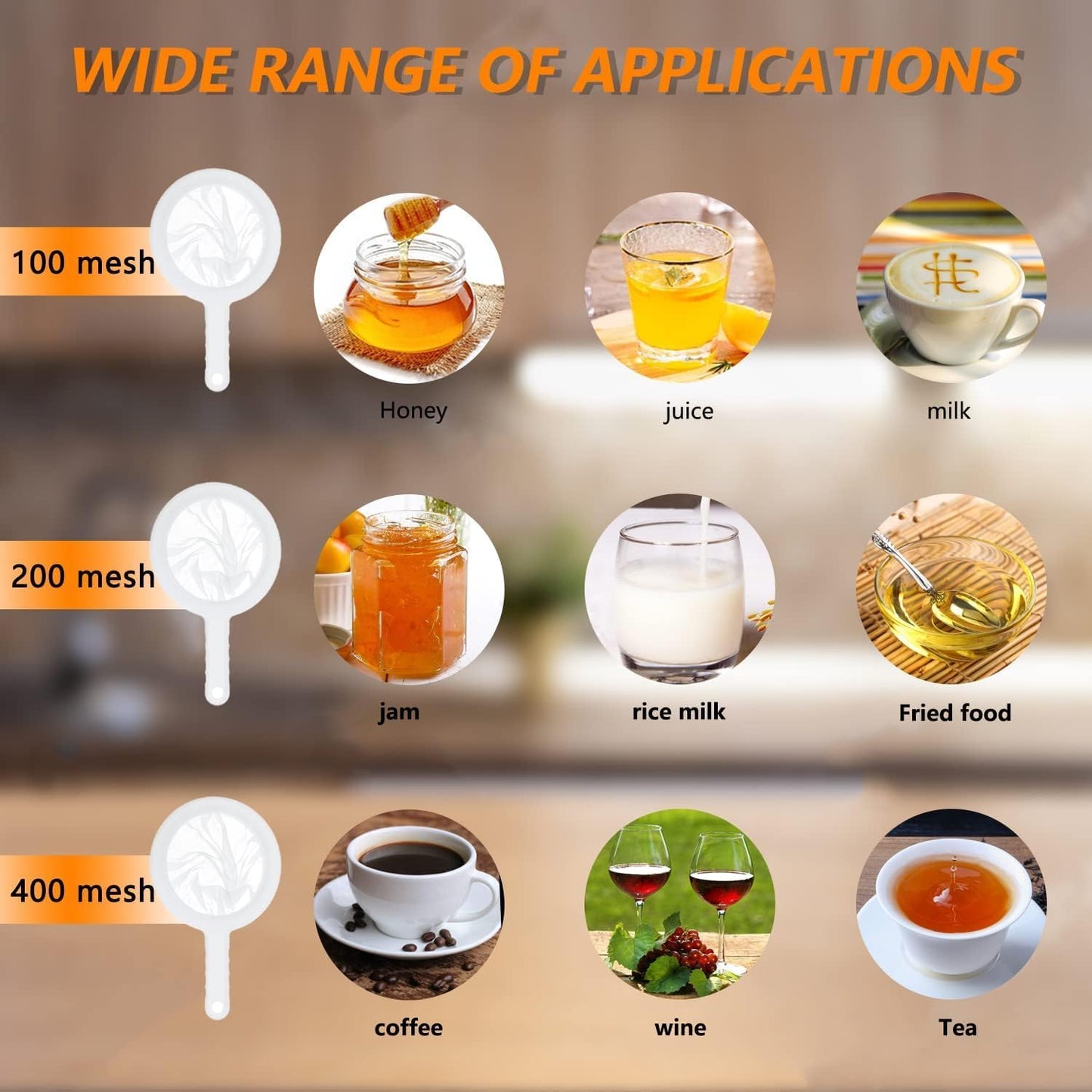 Kitchen Ultra-Fine Nylon Mesh Strainer 5.51 Inch (400 mesh) | Plastic Sieve Fine Mesh with Handle, Kitchen Tool, For Soy Milk, Coffee, Milk, Yogurt, Juice, Tea Leaf Filter, Honey, Wine