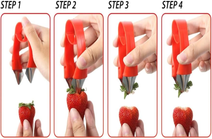 Stainless Red Strawberry Huller Stem Remover, Pineapple and Tomato Corer, Fruits and Vegetables Eye Peeler