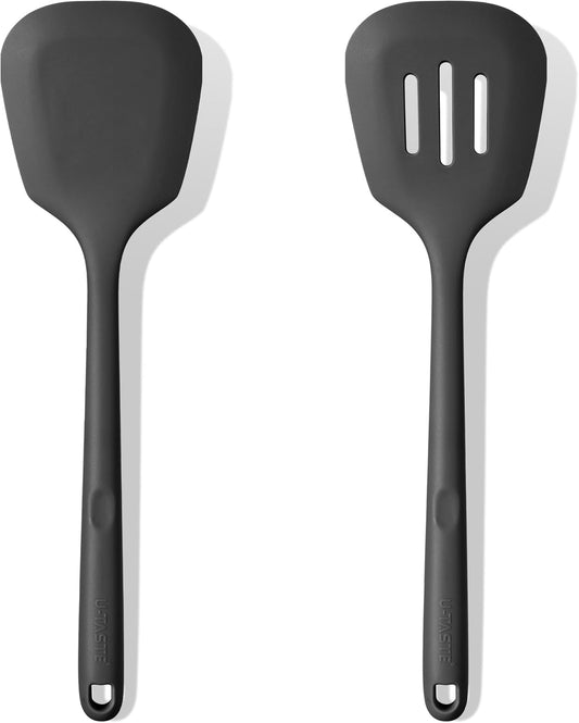 Silicone Turner Spatula Set of 2, 13.6" Long/3.7" Wide, Black | 600ºF Heat Resistant Food Grade Silicone Cooking Utensils Set, Wide Large Solid & Slotted Turner Pancake Egg Flipper