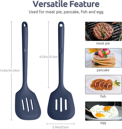 Silicone Turner Spatula Set of 2, 13.6" Long/3.7" Wide, Black | 600ºF Heat Resistant Food Grade Silicone Cooking Utensils Set, Wide Large Solid & Slotted Turner Pancake Egg Flipper