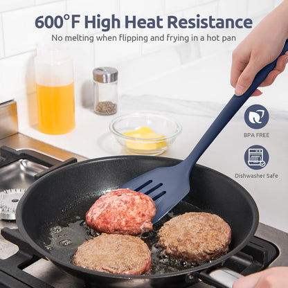 Silicone Turner Spatula Set of 2, 13.6" Long/3.7" Wide, Black | 600ºF Heat Resistant Food Grade Silicone Cooking Utensils Set, Wide Large Solid & Slotted Turner Pancake Egg Flipper