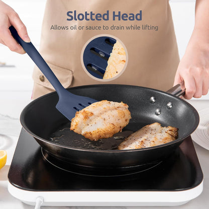 Silicone Turner Spatula Set of 2, 13.6" Long/3.7" Wide, Black | 600ºF Heat Resistant Food Grade Silicone Cooking Utensils Set, Wide Large Solid & Slotted Turner Pancake Egg Flipper
