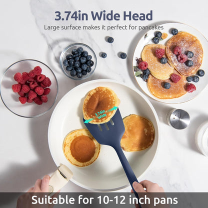 Silicone Turner Spatula Set of 2, 13.6" Long/3.7" Wide, Black | 600ºF Heat Resistant Food Grade Silicone Cooking Utensils Set, Wide Large Solid & Slotted Turner Pancake Egg Flipper