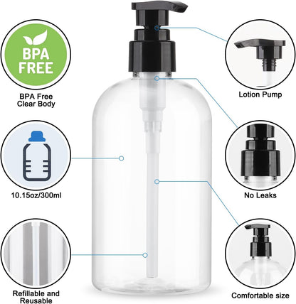 Empty Pump Bottles Dispenser 2 Pack 300ml/10.15oz. Clear Plastic Pump Bottle Dispenser for Essential Oil Soap Lotion Shampoo
