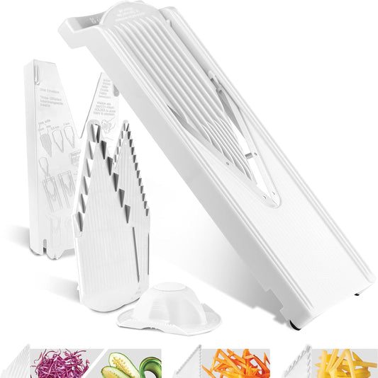 Mandoline Slicer V3 (Starter Set) • V-Slicer for 5 Cutting Styles with Fruit Holder • Adjustable Vegetable Slicer for Vegetables & Fruits • Stainless Steel V-Blade • Color: White