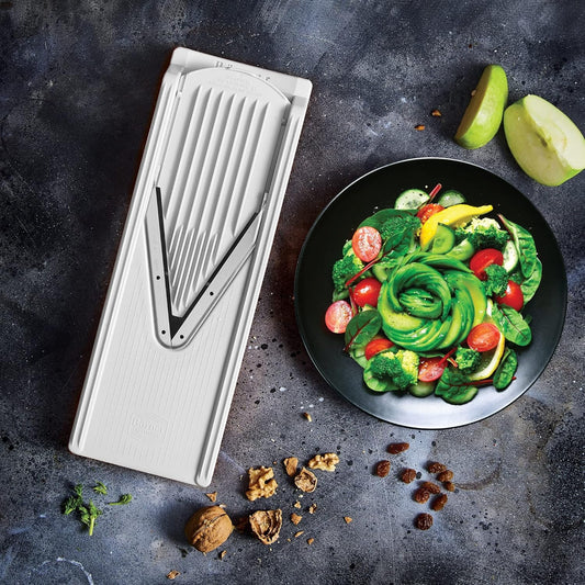 Mandoline Slicer V3 (Starter Set) • V-Slicer for 5 Cutting Styles with Fruit Holder • Adjustable Vegetable Slicer for Vegetables & Fruits • Stainless Steel V-Blade • Color: White