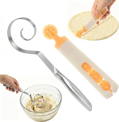 Seamless Dough Whisk Stainless Steel, 10 Inch Seamless Danish Dough Whisk with Dough Cutter, One-Piece Manual Mixing Tool for Cooking, Whisking, Pizza Pastry Cake Batter, Dishwasher Safe