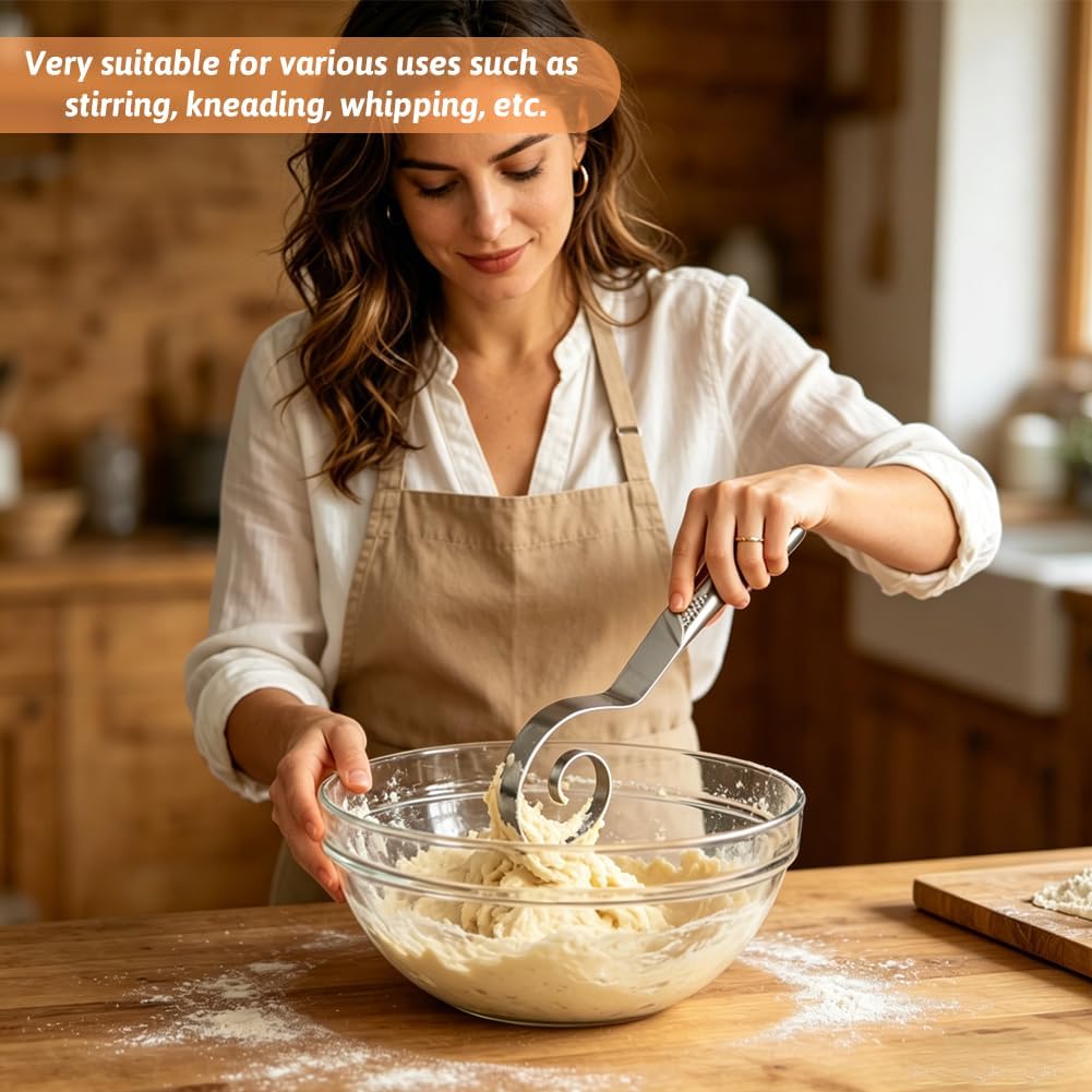 Seamless Dough Whisk Stainless Steel, 10 Inch Seamless Danish Dough Whisk with Dough Cutter, One-Piece Manual Mixing Tool for Cooking, Whisking, Pizza Pastry Cake Batter, Dishwasher Safe