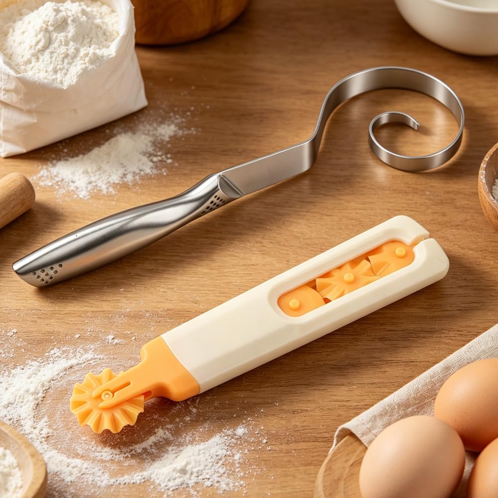 Seamless Dough Whisk Stainless Steel, 10 Inch Seamless Danish Dough Whisk with Dough Cutter, One-Piece Manual Mixing Tool for Cooking, Whisking, Pizza Pastry Cake Batter, Dishwasher Safe