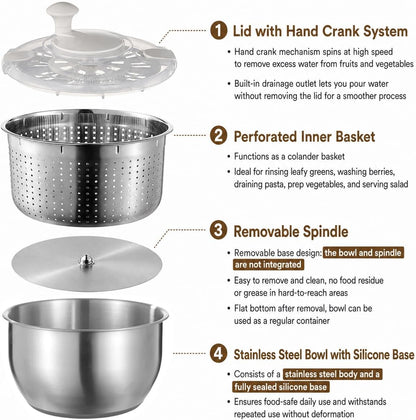 6L Stainless Steel Salad Spinner Set with Grater and Food Clip | Metal Salad Spinner, Fruit Vegetable Dryer with Built-in Drain Spout for Dehydrating Fruit and Vegetable, Pasta