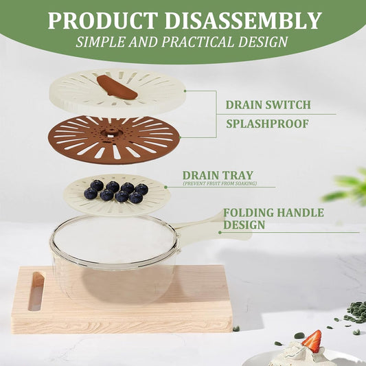2 in 1 Fruit Vegetable Washing Bowl with Strainer, 1 QT Multipurpose Drain Basket with Lid & Foldable Handle, Fruit Strainer Container for Kitchen, Fridge, Picnics, Apartment, BPA-Free Material