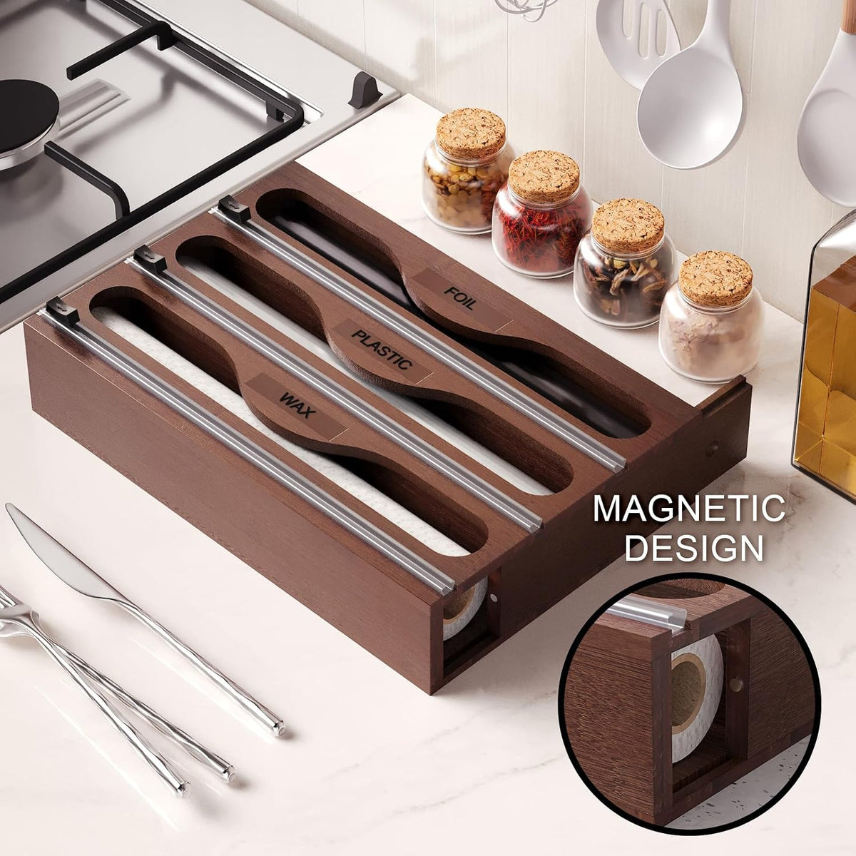Wrap Dispenser with Cutter and Labels, Plastic Wrap Organizer For Kitchen,Bamboo 3-in-1 Wrap Dispensers for Cling Wrap Aluminum Foil and Wax,Storage Organization Holder（Brown）