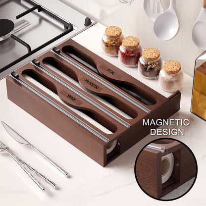 Wrap Dispenser with Cutter and Labels, Plastic Wrap Organizer For Kitchen,Bamboo 3-in-1 Wrap Dispensers for Cling Wrap Aluminum Foil and Wax,Storage Organization Holder（Brown）
