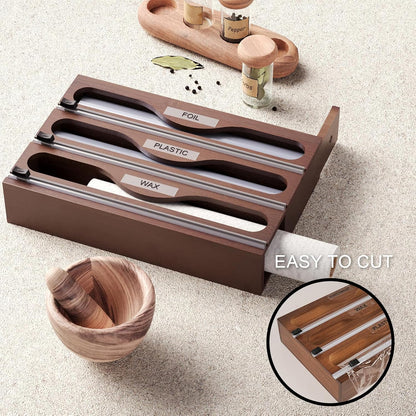 Wrap Dispenser with Cutter and Labels, Plastic Wrap Organizer For Kitchen,Bamboo 3-in-1 Wrap Dispensers for Cling Wrap Aluminum Foil and Wax,Storage Organization Holder（Brown）