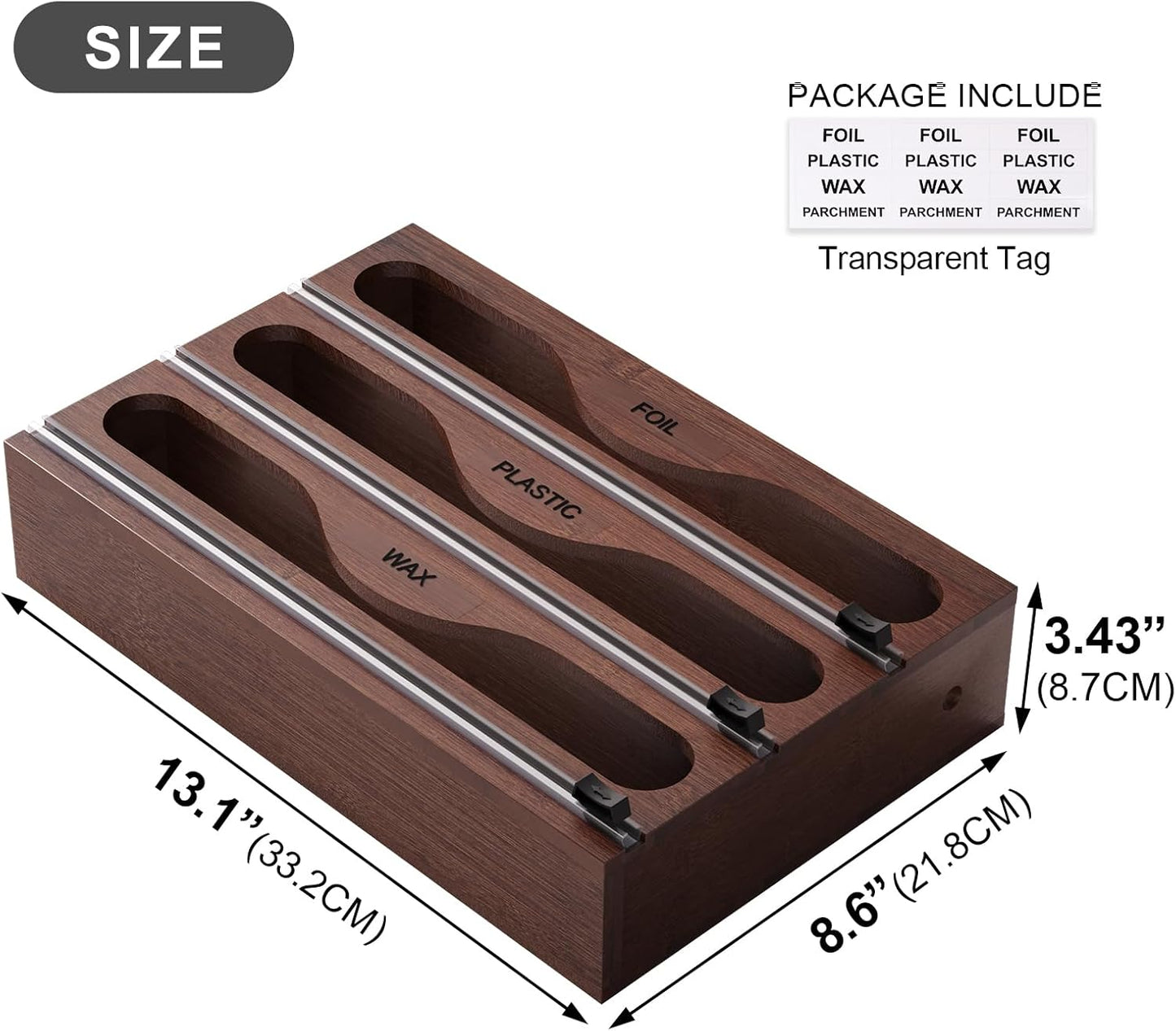 Wrap Dispenser with Cutter and Labels, Plastic Wrap Organizer For Kitchen,Bamboo 3-in-1 Wrap Dispensers for Cling Wrap Aluminum Foil and Wax,Storage Organization Holder（Brown）