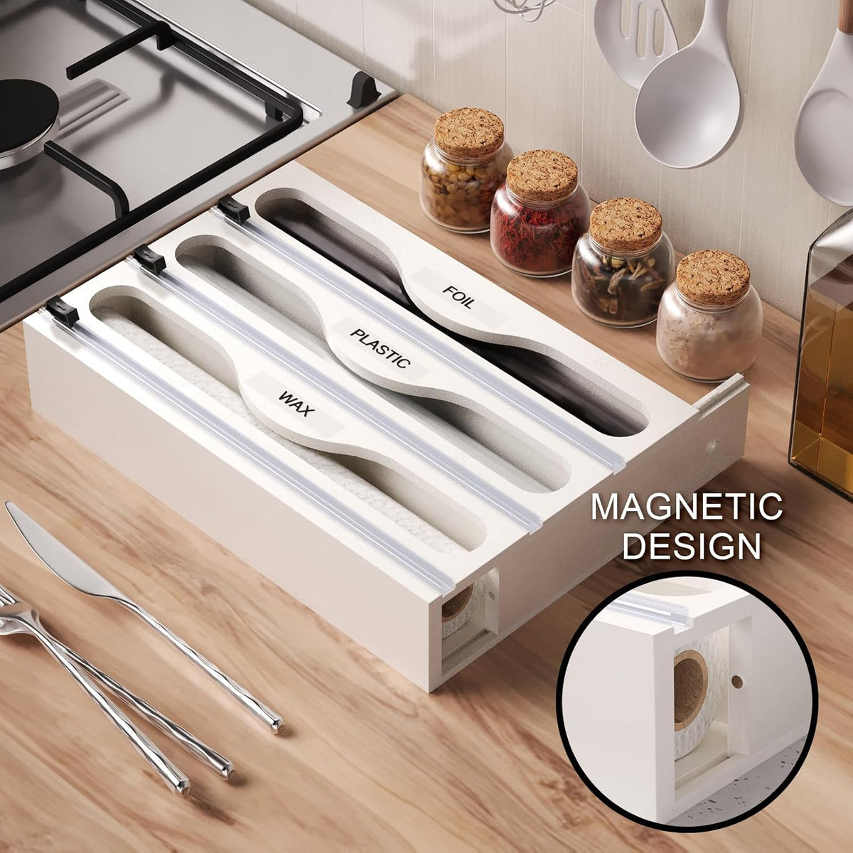 Wrap Dispenser with Cutter and Labels, Plastic Wrap Organizer For Kitchen,Bamboo 3-in-1 Wrap Dispensers for Cling Wrap Aluminum Foil and Wax,Storage Organization Holder（Brown）