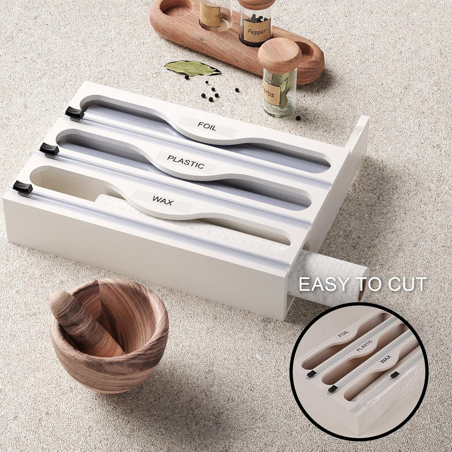 Wrap Dispenser with Cutter and Labels, Plastic Wrap Organizer For Kitchen,Bamboo 3-in-1 Wrap Dispensers for Cling Wrap Aluminum Foil and Wax,Storage Organization Holder（Brown）