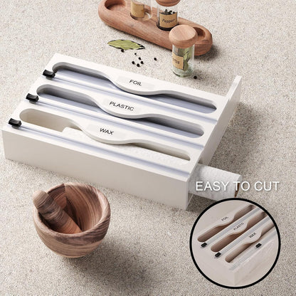 Wrap Dispenser with Cutter and Labels, Plastic Wrap Organizer For Kitchen,Bamboo 3-in-1 Wrap Dispensers for Cling Wrap Aluminum Foil and Wax,Storage Organization Holder（Brown）