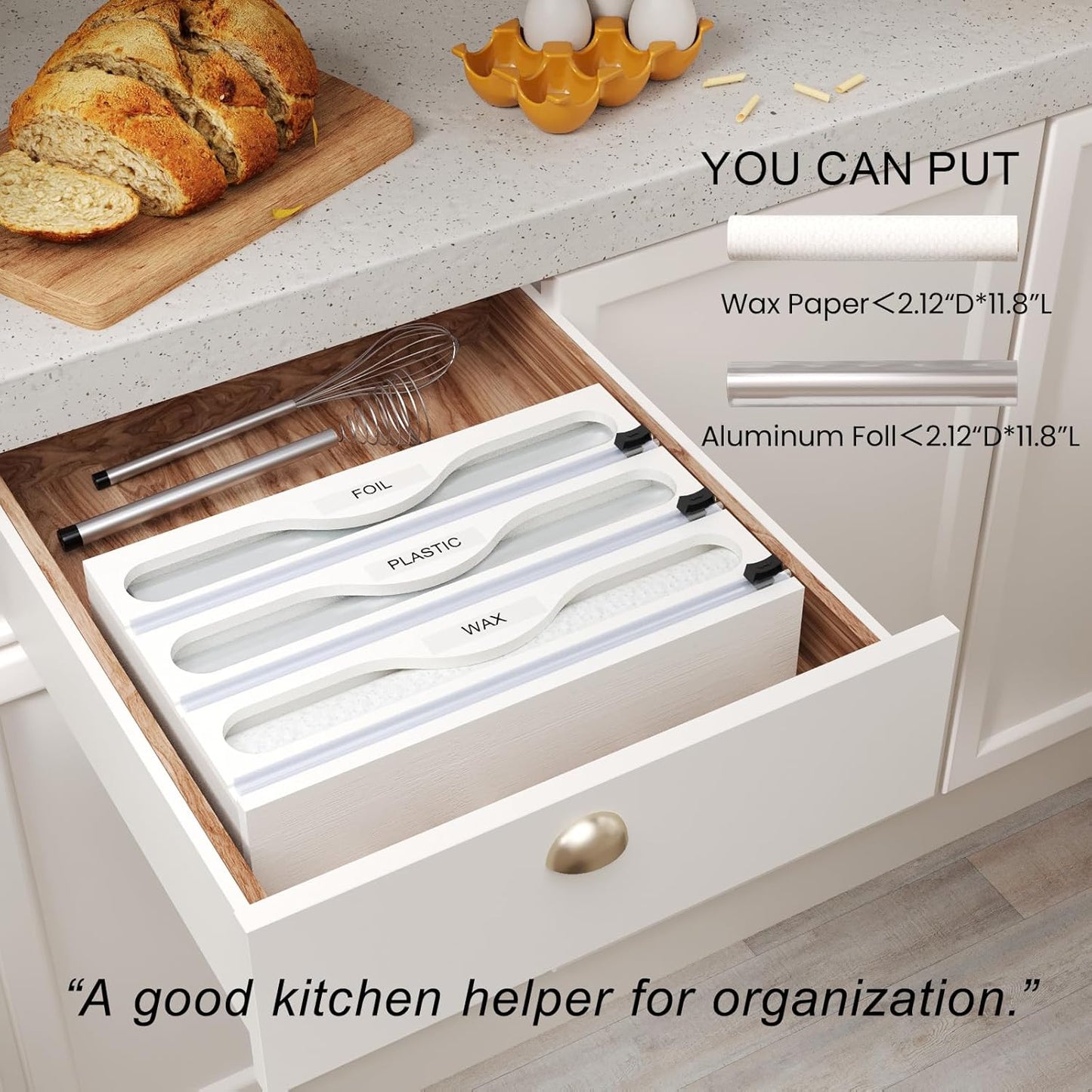 Wrap Dispenser with Cutter and Labels, Plastic Wrap Organizer For Kitchen,Bamboo 3-in-1 Wrap Dispensers for Cling Wrap Aluminum Foil and Wax,Storage Organization Holder（Brown）