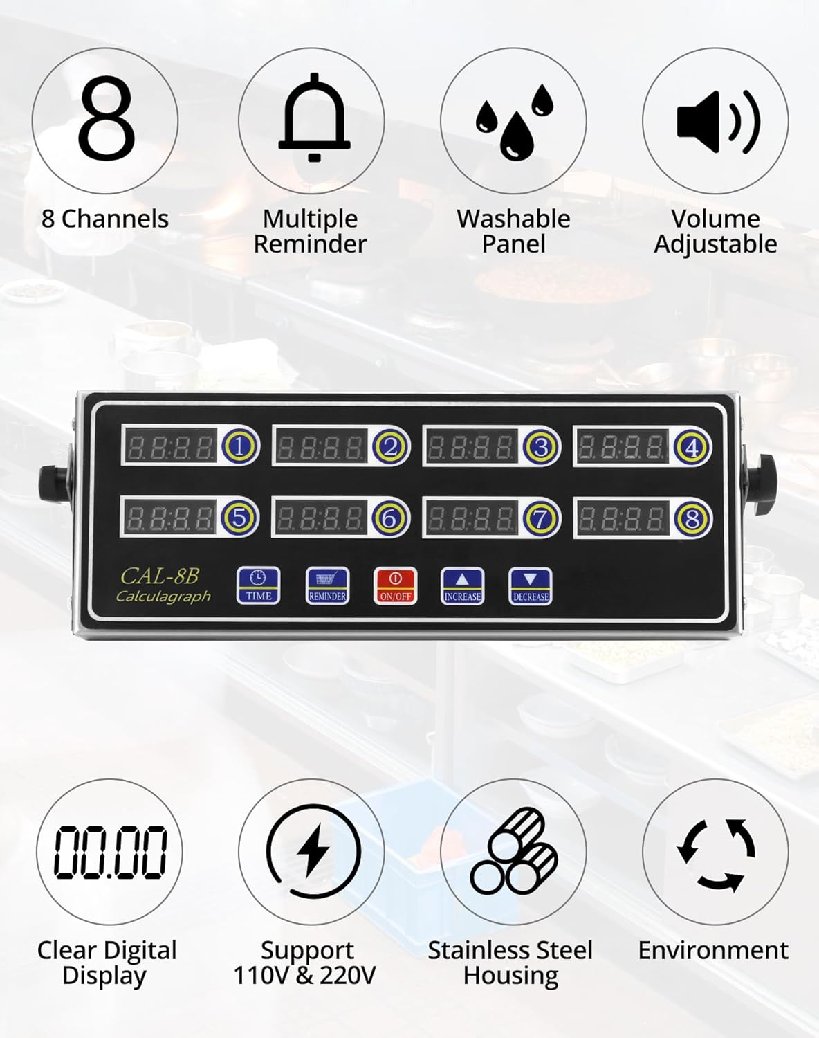 Digital Kitchen Timer - 8-Channel Multi-Timer with Waterproof Panel, Adjustable Volume